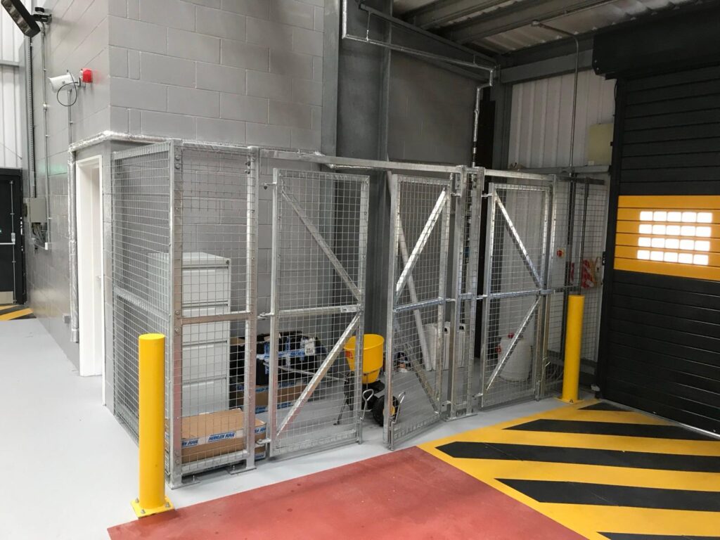 industrial-security-cage-with-mesh-fence-and-double-gates.jpg A bespoke industrial security cage with mesh fence and double gates